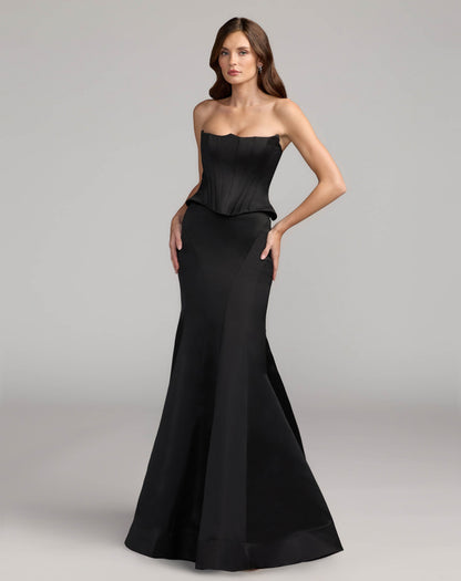 Mac Duggal Black Strapless Satin Corset Peplum Gown