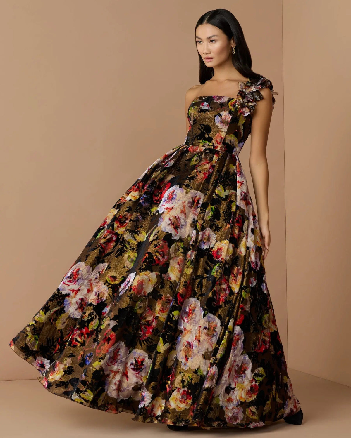 Mac Duggal Multicolor Floral Velvet Ball Gown With Pockets