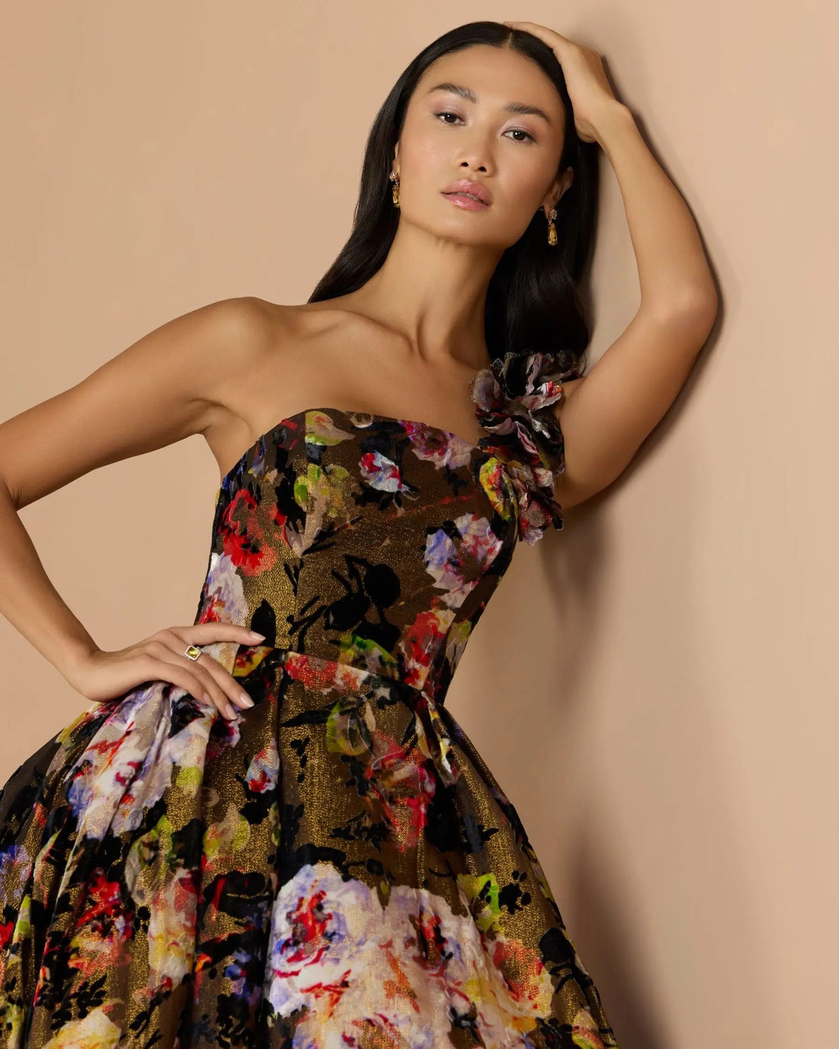 Mac Duggal Multicolor Floral Velvet Ball Gown With Pockets