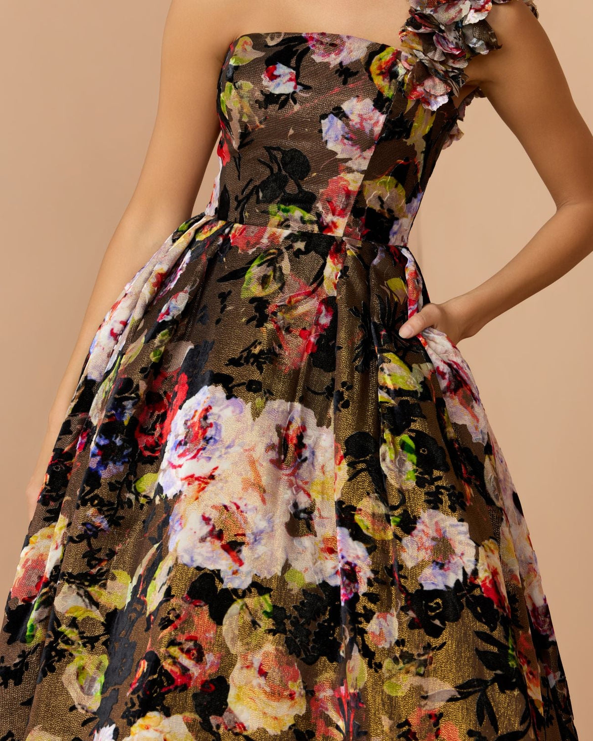 Mac Duggal Multicolor Floral Velvet Ball Gown With Pockets