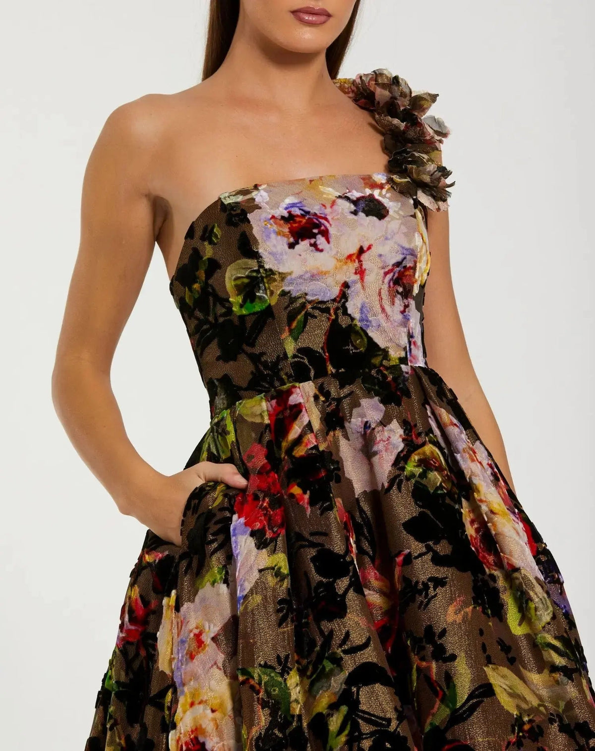 Mac Duggal Multicolor Floral Velvet Ball Gown With Pockets