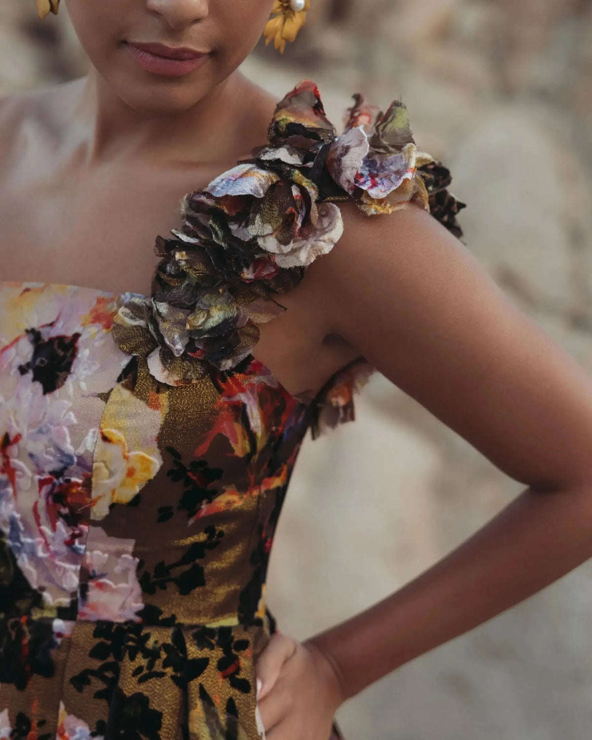 Mac Duggal Multicolor Floral Velvet Ball Gown With Pockets
