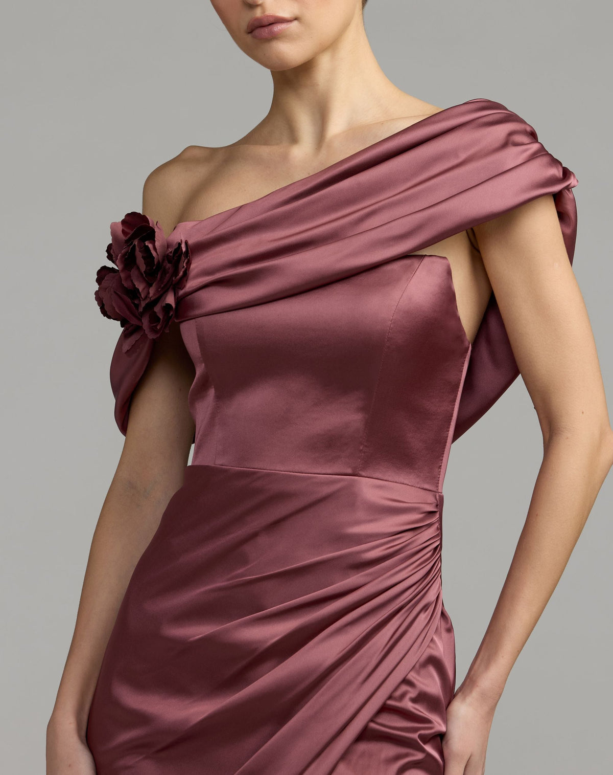 Mac Duggal Mauve Charmeuse One Shoulder Gown With 3D Flower