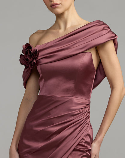 Mac Duggal Mauve Charmeuse One Shoulder Gown With 3D Flower