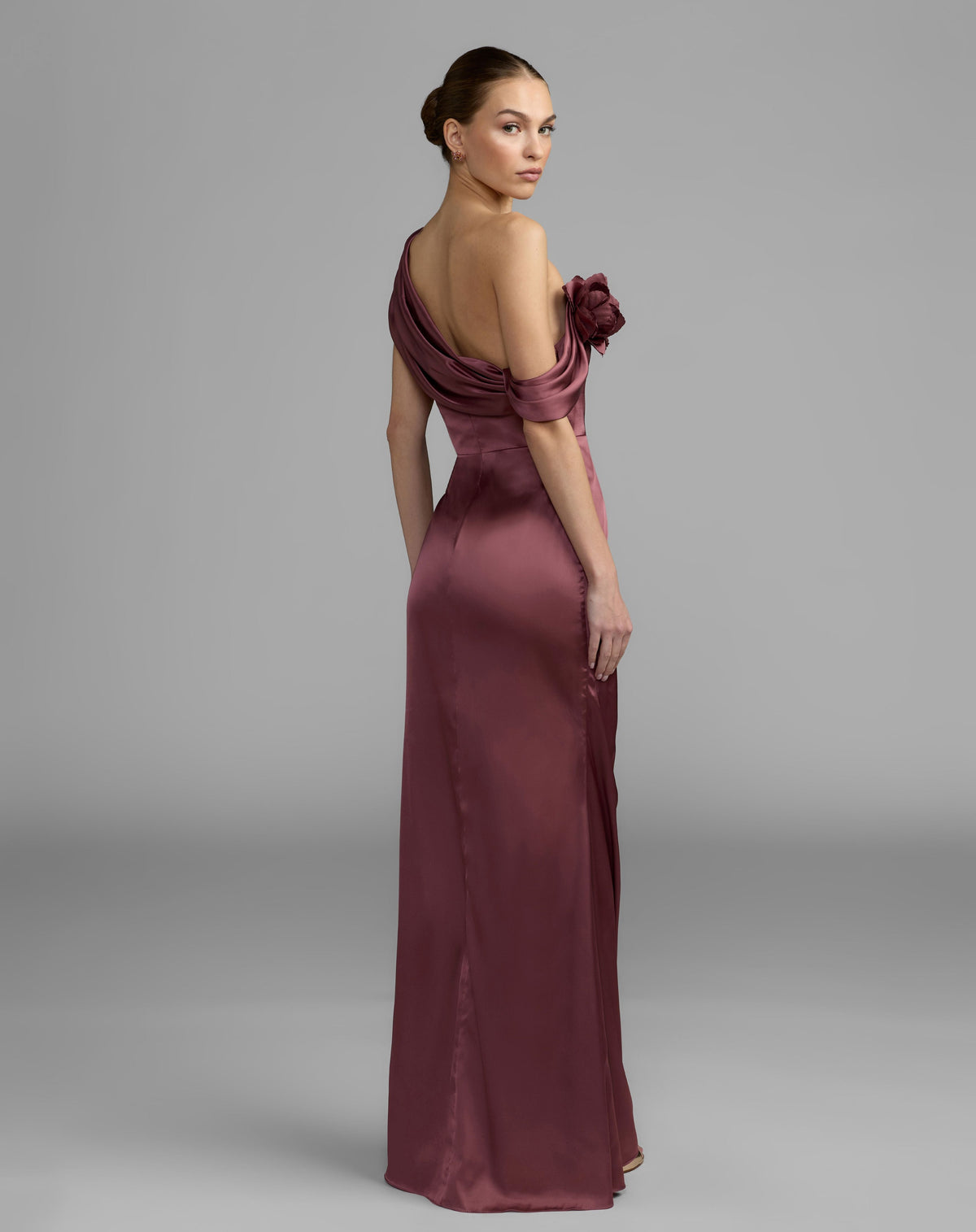 Mac Duggal Mauve Charmeuse One Shoulder Gown With 3D Flower