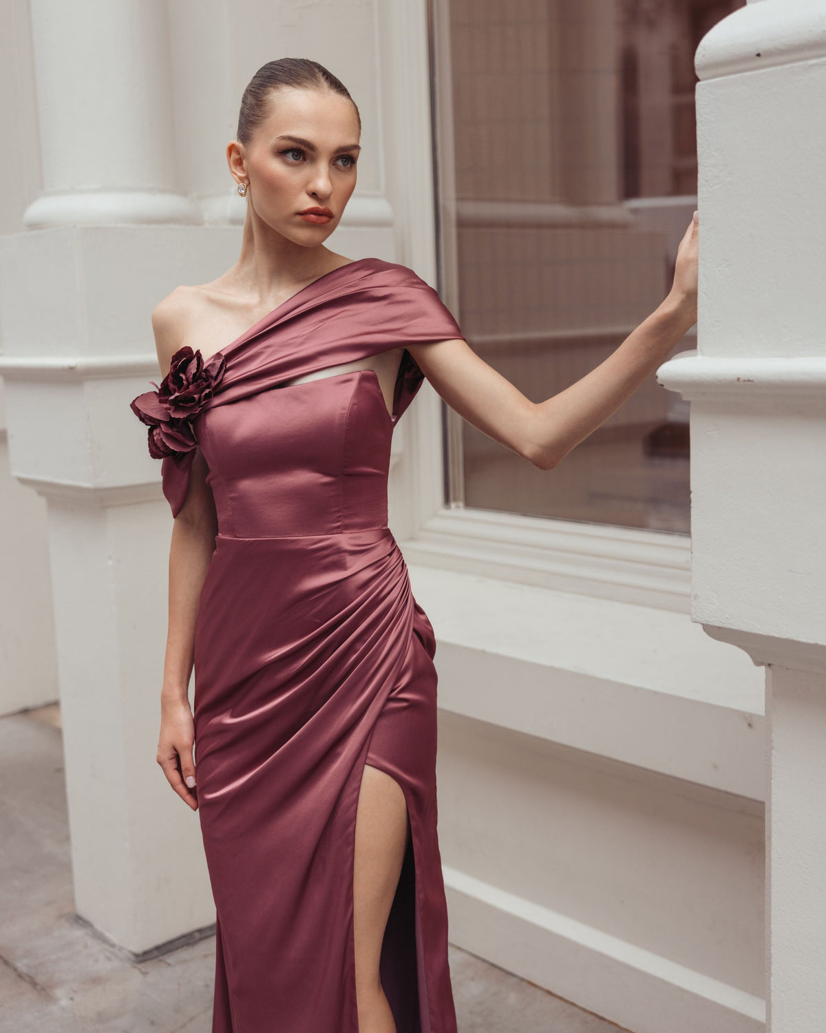 Mac Duggal Mauve Charmeuse One Shoulder Gown With 3D Flower