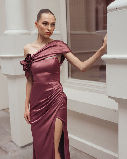 Mac Duggal Mauve Charmeuse One Shoulder Gown With 3D Flower