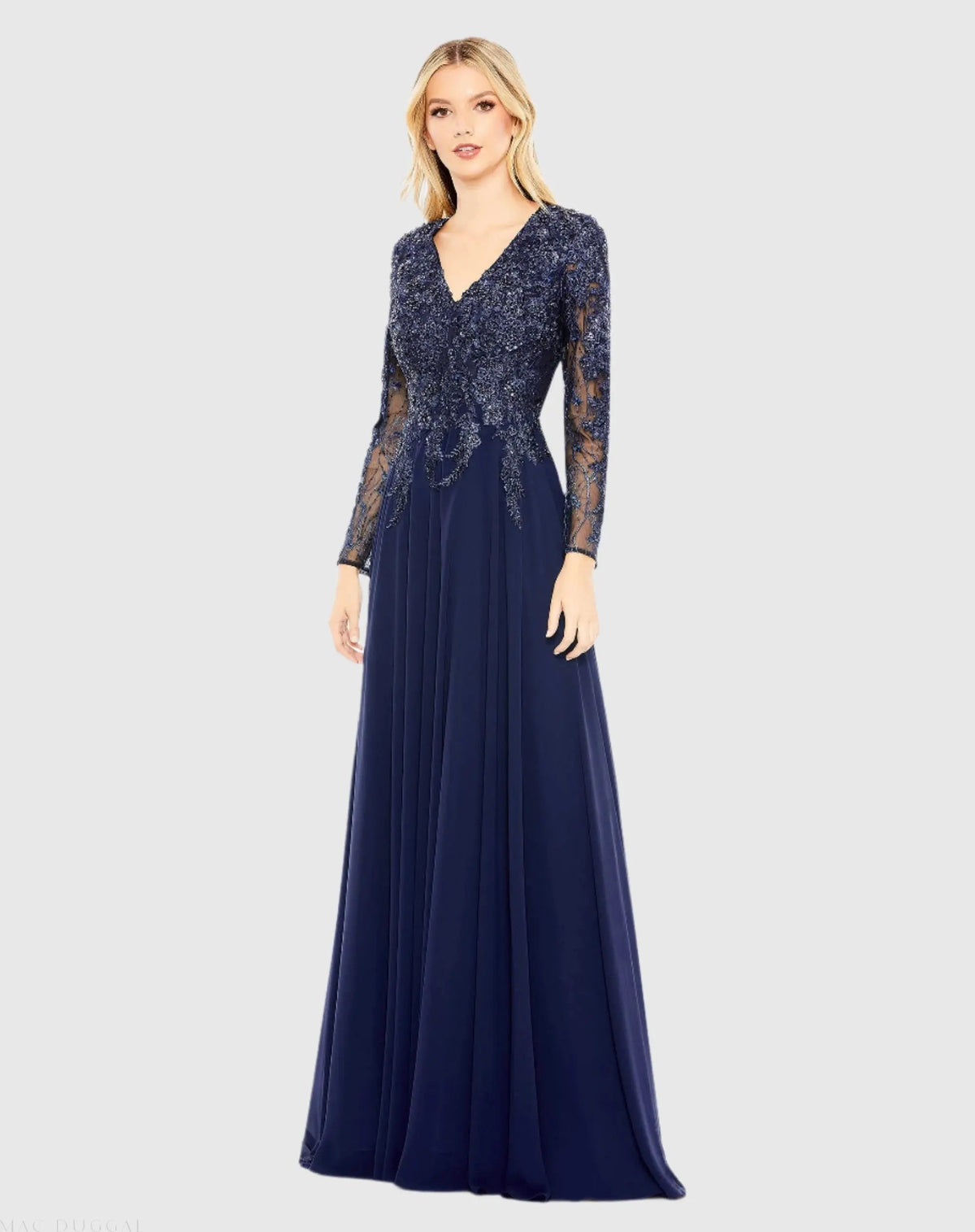 Mac Duggal Navy Embellished Illusion V Neck Long Sleeve Gown