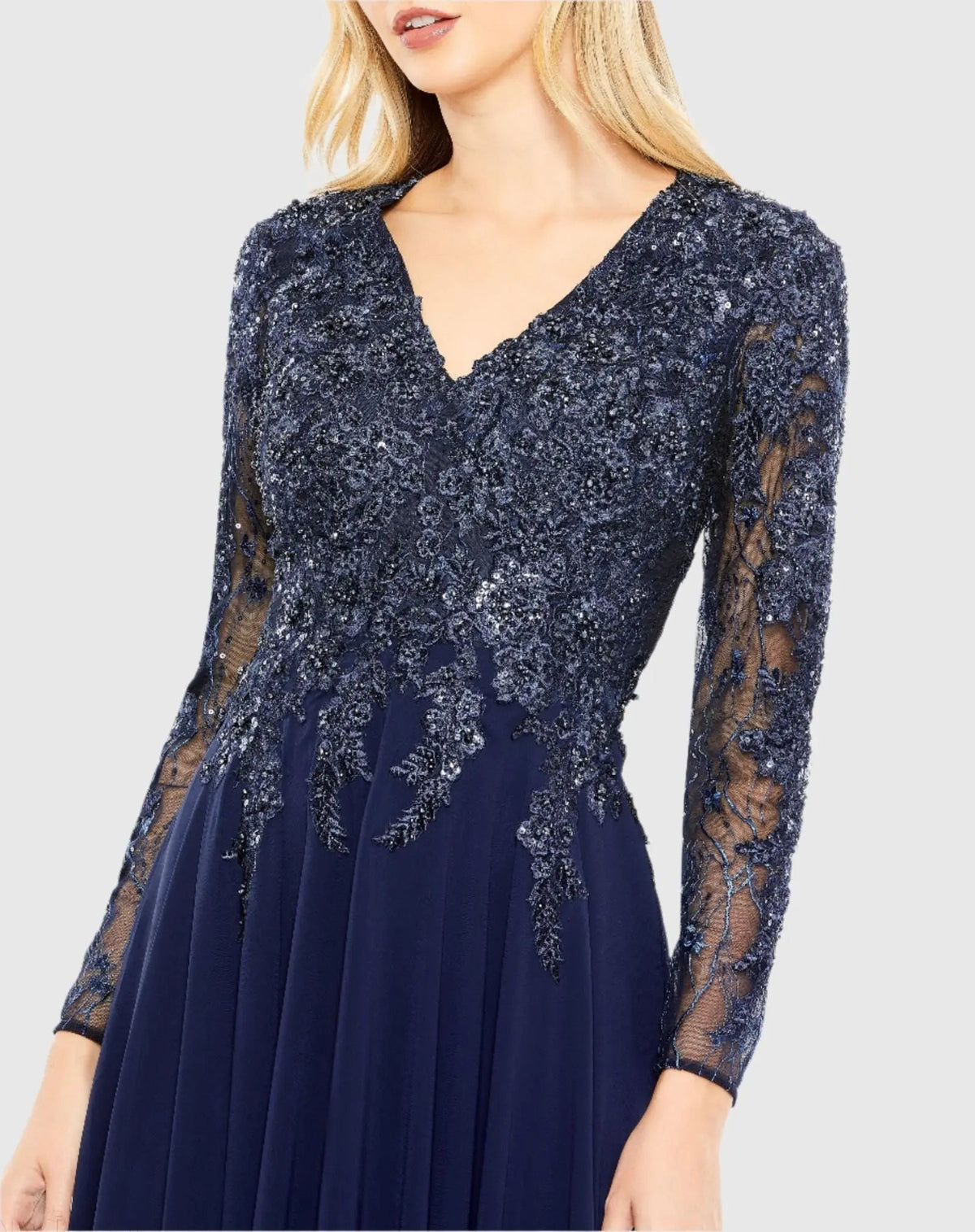 Mac Duggal Navy Embellished Illusion V Neck Long Sleeve Gown