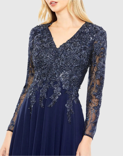 Mac Duggal Navy Embellished Illusion V Neck Long Sleeve Gown