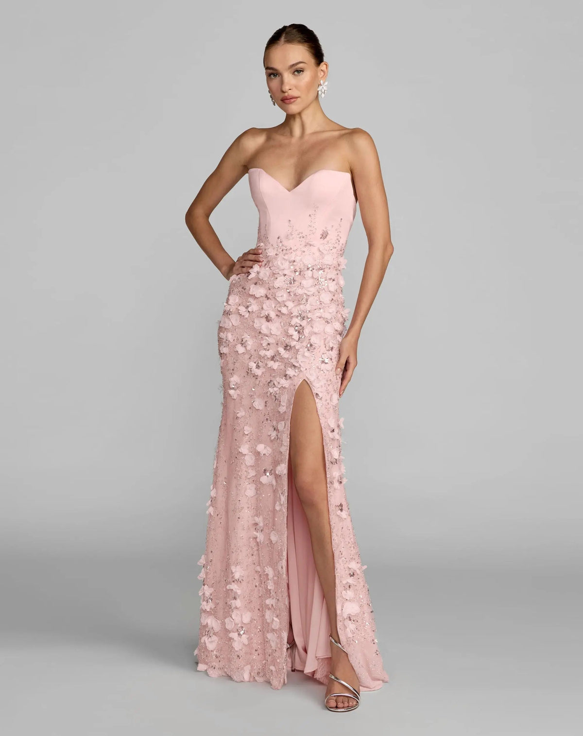 Mac Duggal Pink 3D Floral Strapless Sweetheart Gown With Slit