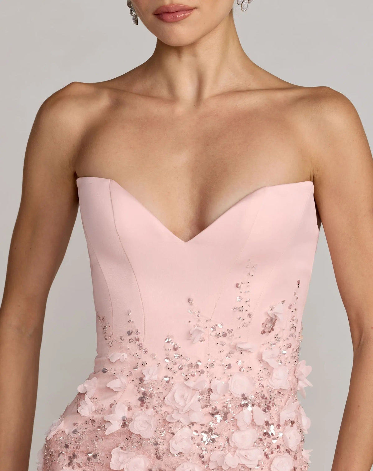 Mac Duggal Pink 3D Floral Strapless Sweetheart Gown With Slit