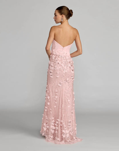 Mac Duggal Pink 3D Floral Strapless Sweetheart Gown With Slit