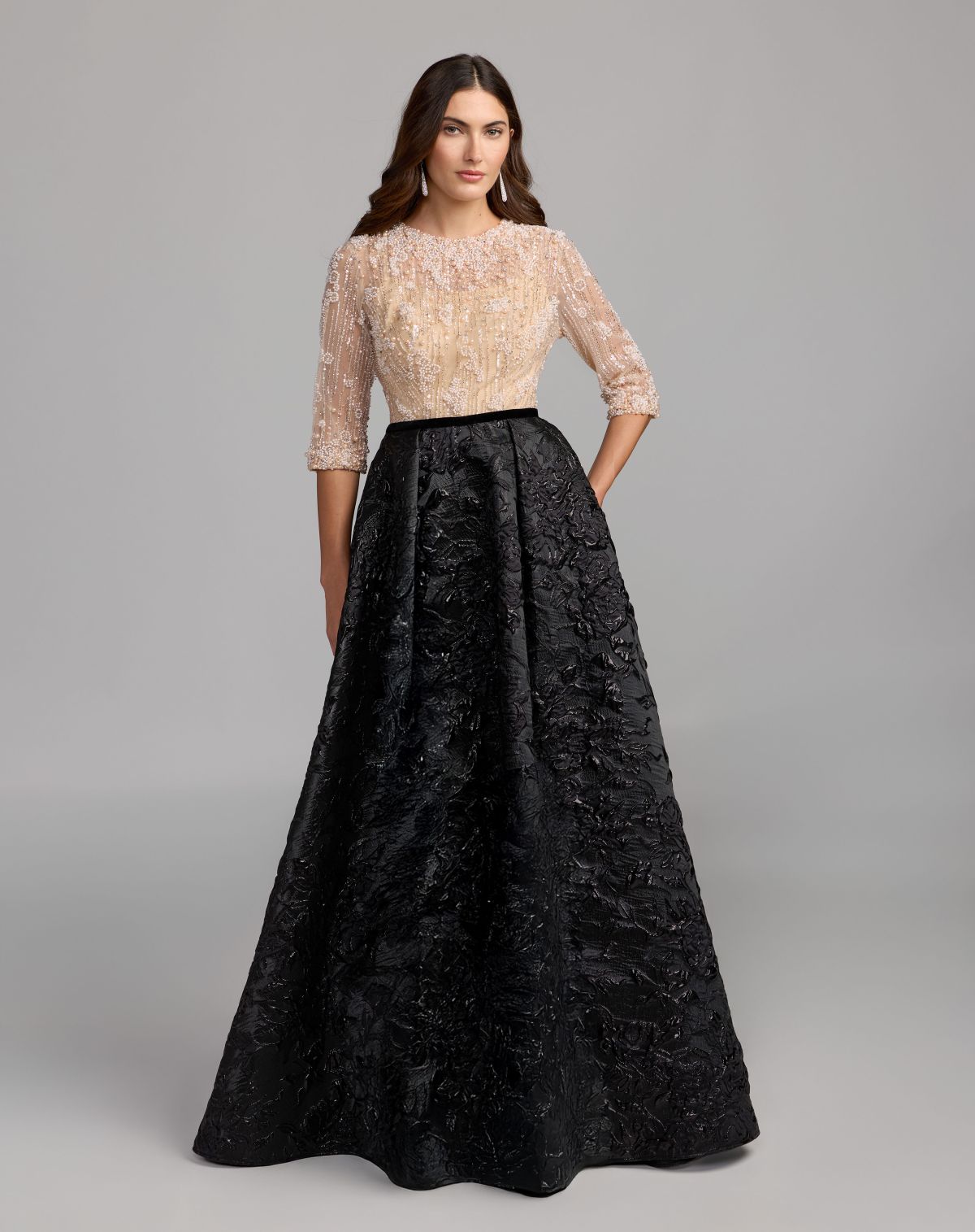 Mac Duggal Beige and Black Embellished Brocade Gown With 3/4 Sleeves