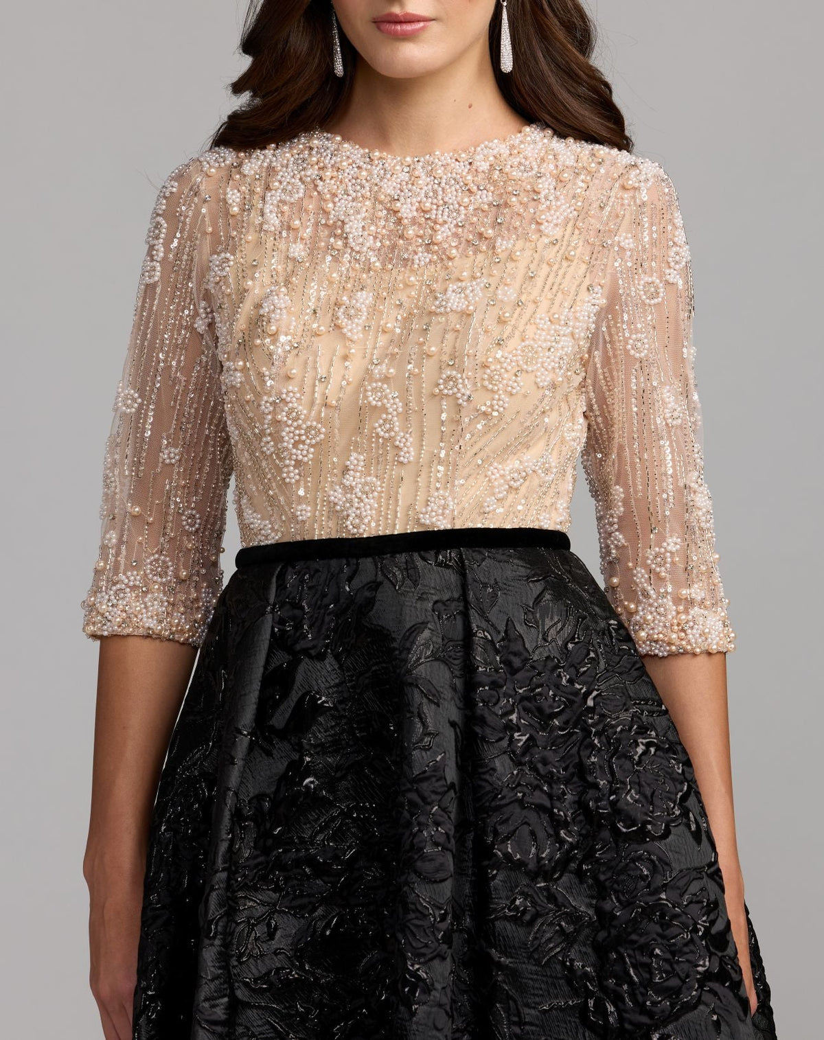 Mac Duggal Beige and Black Embellished Brocade Gown With 3/4 Sleeves