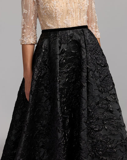Mac Duggal Beige and Black Embellished Brocade Gown With 3/4 Sleeves