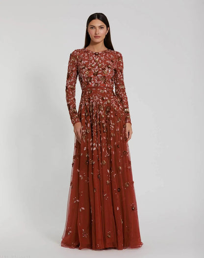 Mac Duggal Red Embellished High Neck Long Sleeve A Line Gown