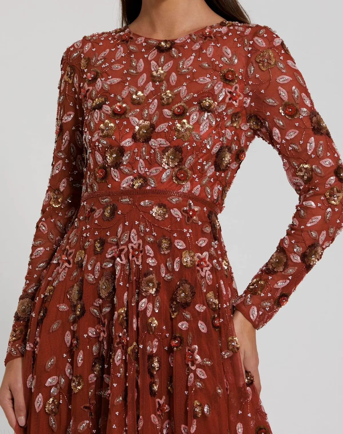 Mac Duggal Red Embellished High Neck Long Sleeve A Line Gown