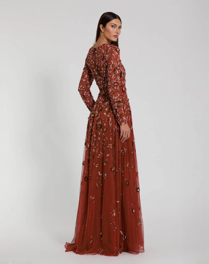 Mac Duggal Red Embellished High Neck Long Sleeve A Line Gown