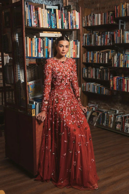 Mac Duggal Red Embellished High Neck Long Sleeve A Line Gown
