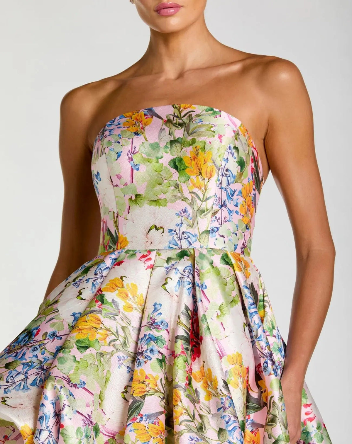 Mac Duggal Multicolor Strapless Floral High Low Bubble Hem Gown