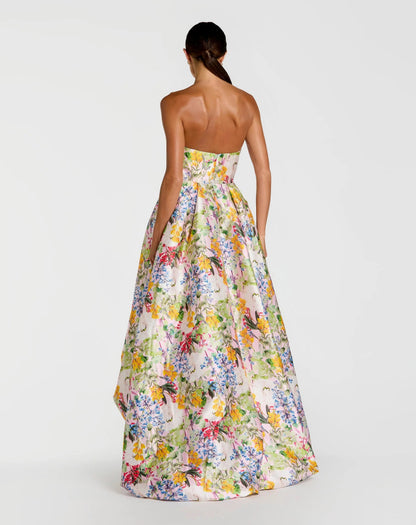 Mac Duggal Multicolor Strapless Floral High Low Bubble Hem Gown