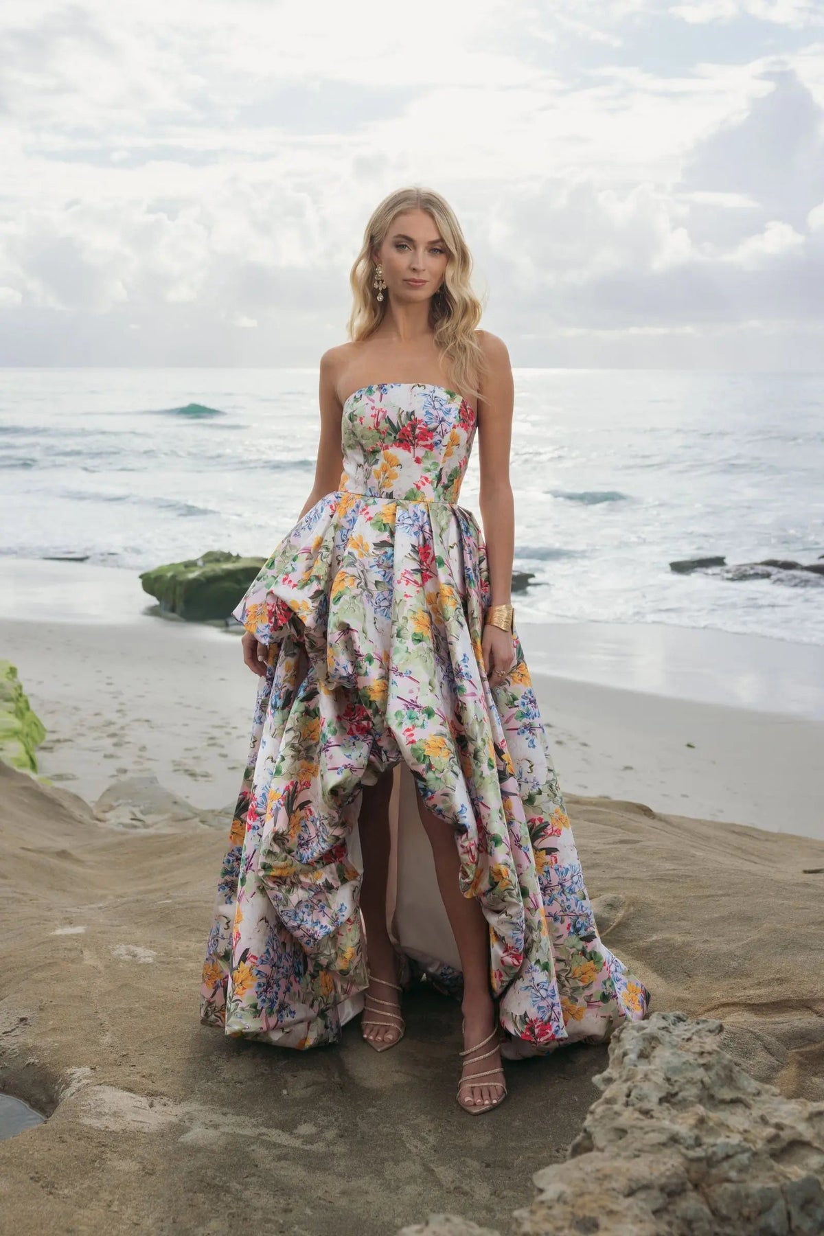 Mac Duggal Multicolor Strapless Floral High Low Bubble Hem Gown
