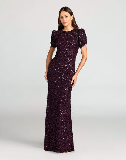 Mac Duggal Dark Purple Gathered Short Sleeve Embellished Gown