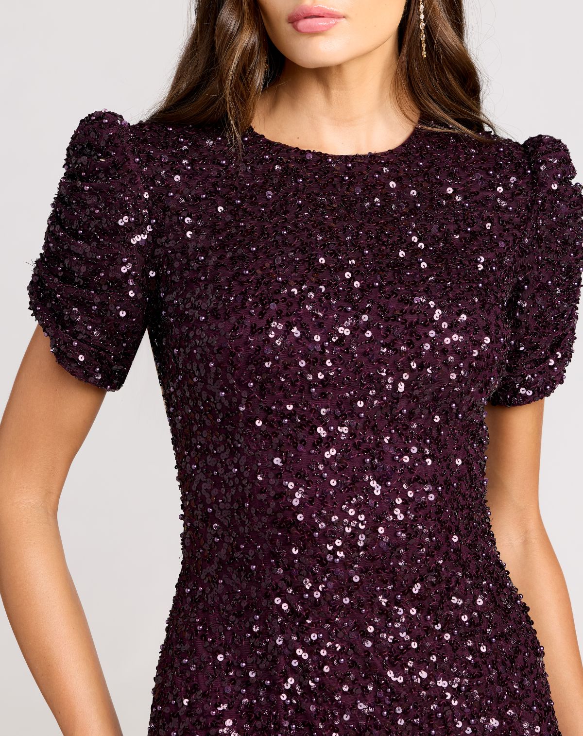 Mac Duggal Dark Purple Gathered Short Sleeve Embellished Gown