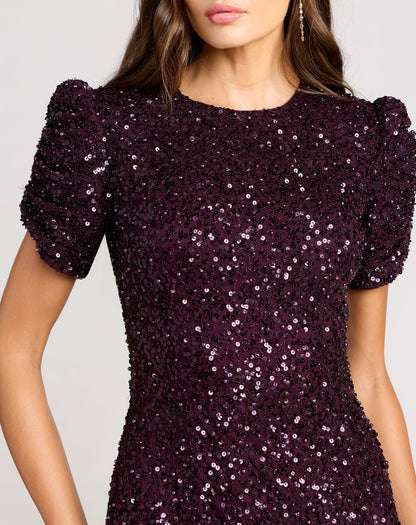 Mac Duggal Dark Purple Gathered Short Sleeve Embellished Gown