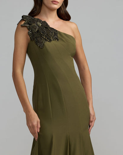 Mac Duggal Olive Green One Shoulder Trumpet Gown With Crystal Flower