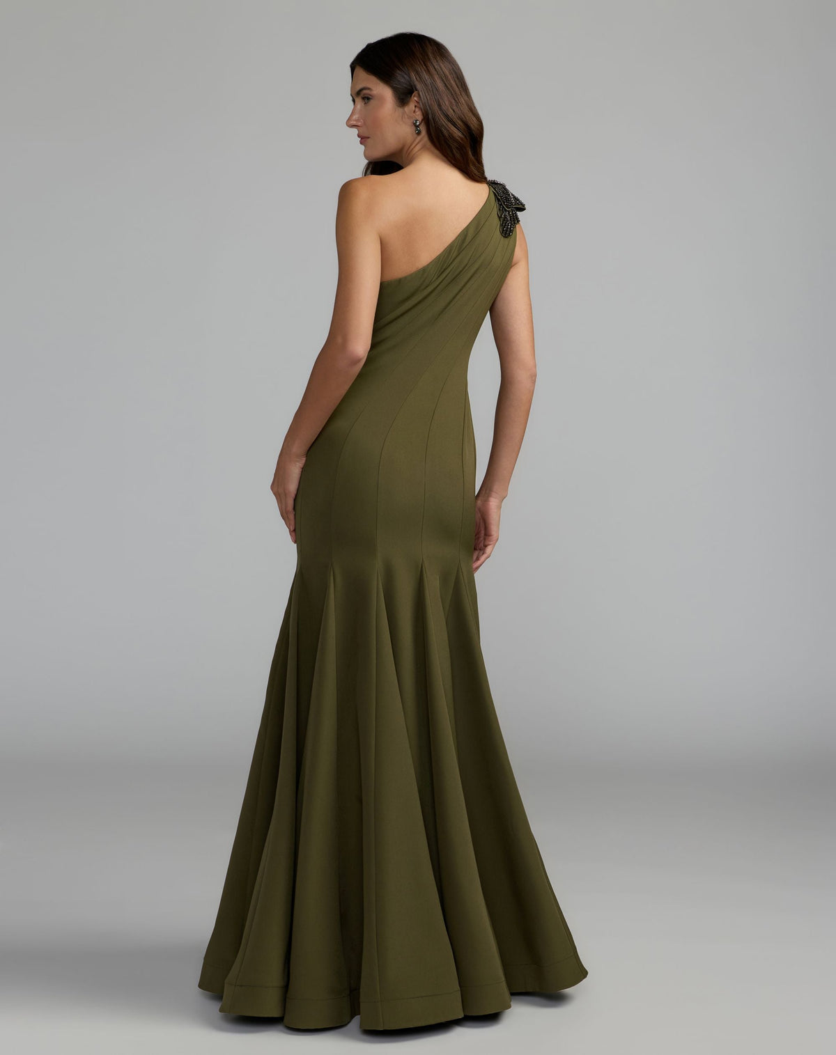 Mac Duggal Olive Green One Shoulder Trumpet Gown With Crystal Flower