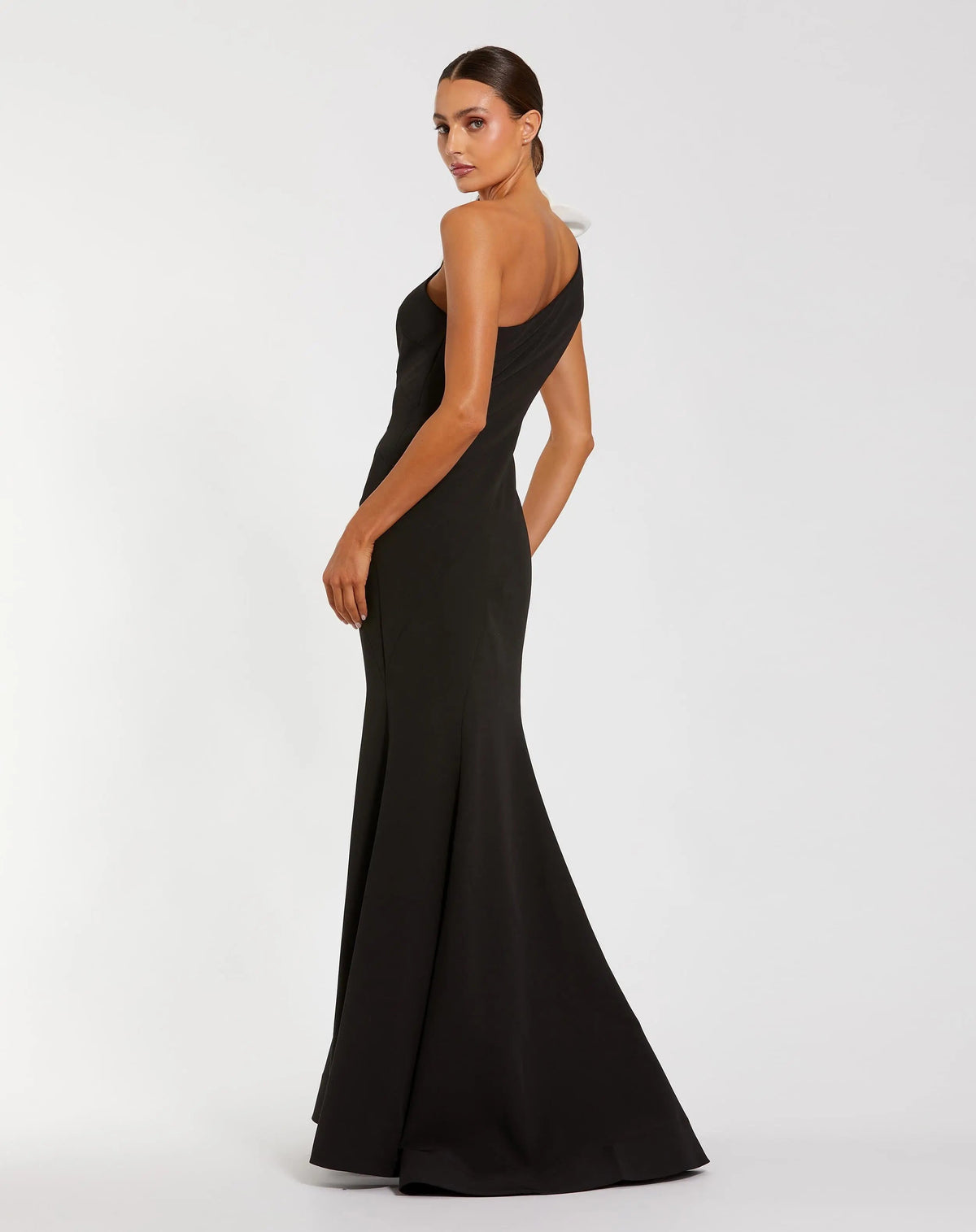 Mac Duggal Black One Shoulder Mermaid Gown With 3D Flower