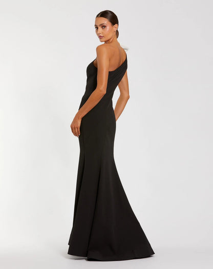 Mac Duggal Black One Shoulder Mermaid Gown With 3D Flower