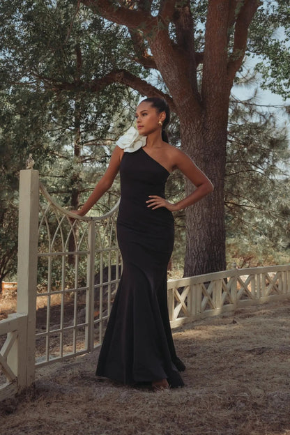 Mac Duggal Black One Shoulder Mermaid Gown With 3D Flower