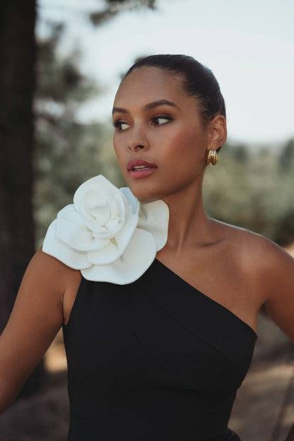 Mac Duggal Black One Shoulder Mermaid Gown With 3D Flower