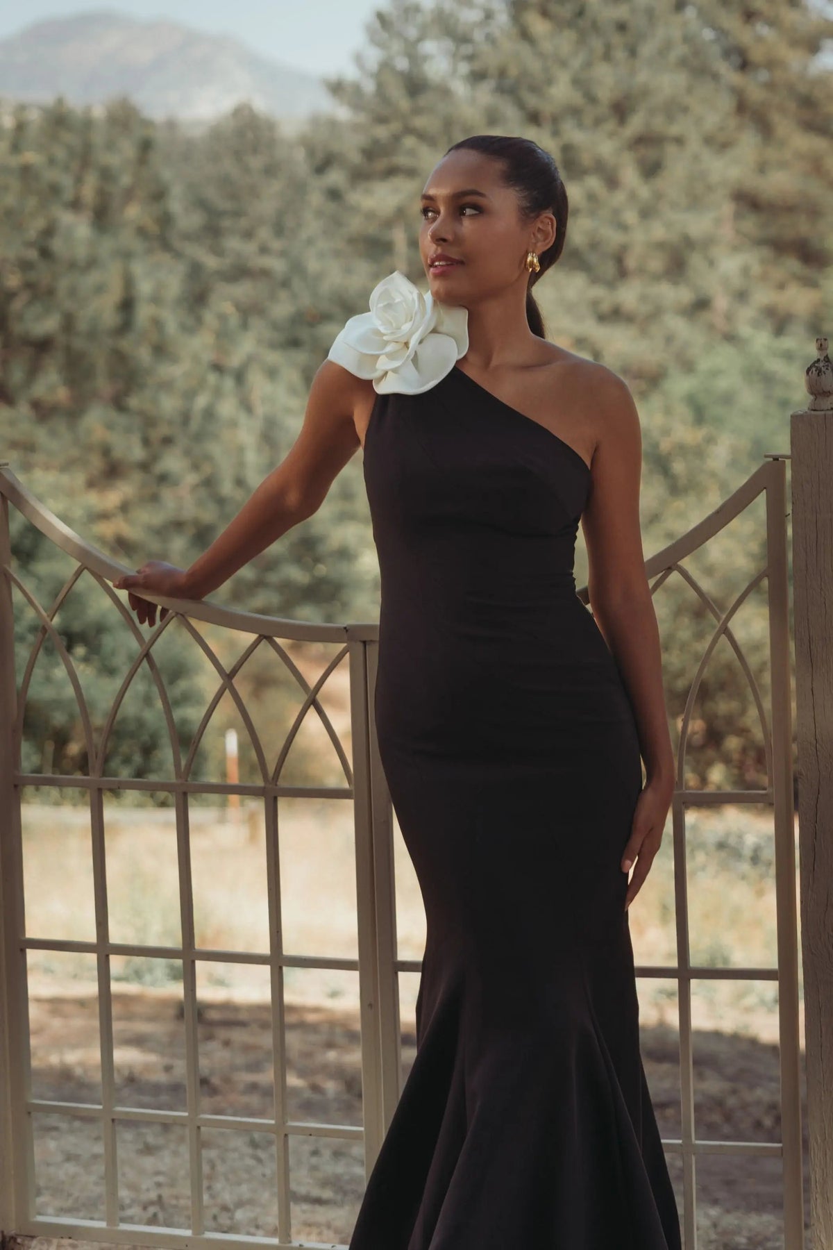 Mac Duggal Black One Shoulder Mermaid Gown With 3D Flower