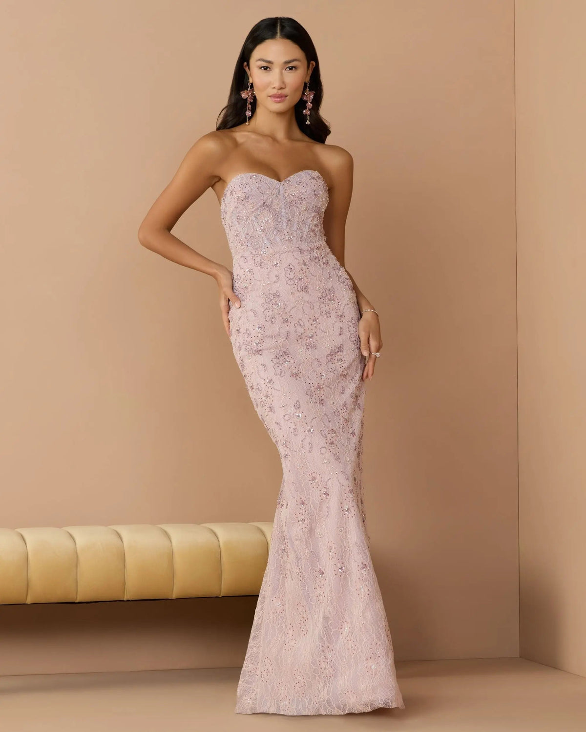 Mac Duggal Pink Embellished Strapless Bustier Gown With Sweeping Train