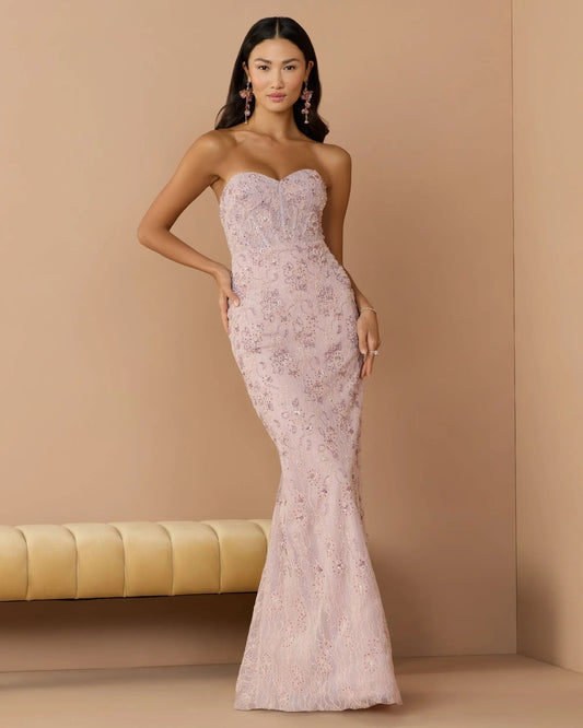 Mac Duggal Pink Embellished Strapless Bustier Gown With Sweeping Train