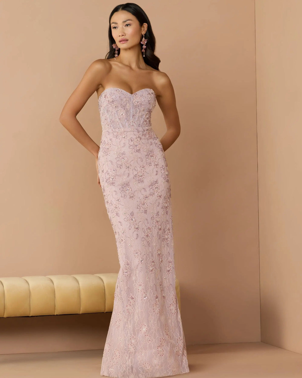 Mac Duggal Pink Embellished Strapless Bustier Gown With Sweeping Train