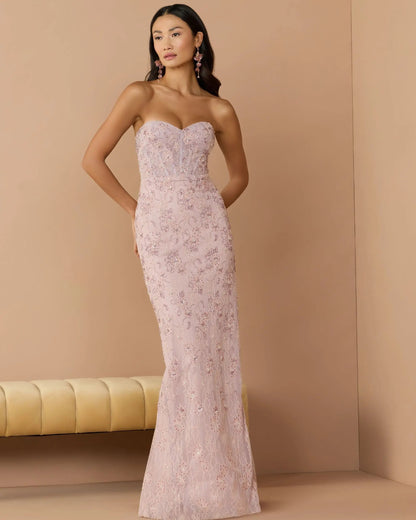 Mac Duggal Pink Embellished Strapless Bustier Gown With Sweeping Train