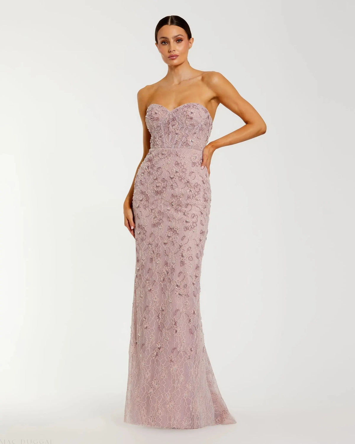 Mac Duggal Pink Embellished Strapless Bustier Gown With Sweeping Train