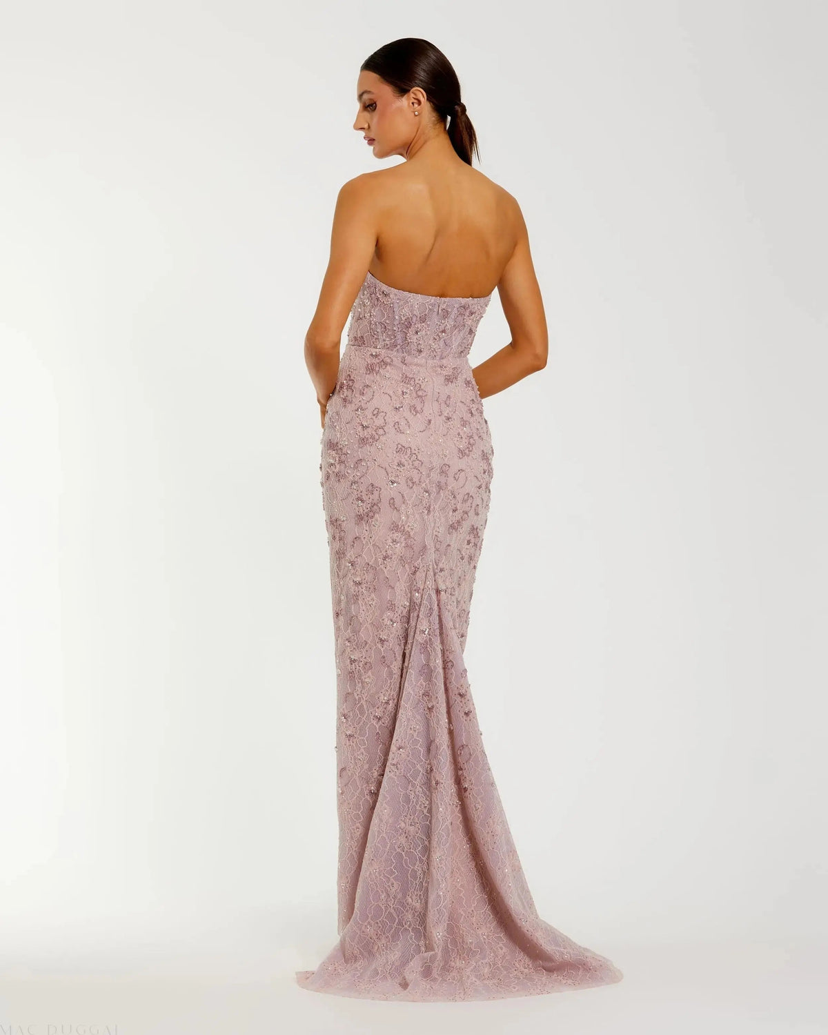 Mac Duggal Pink Embellished Strapless Bustier Gown With Sweeping Train