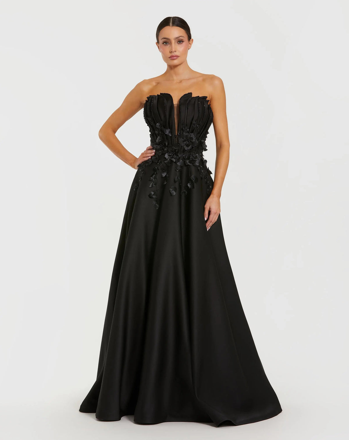 Mac Duggal Black Strapless Satin Floral Embellished Ball Gown