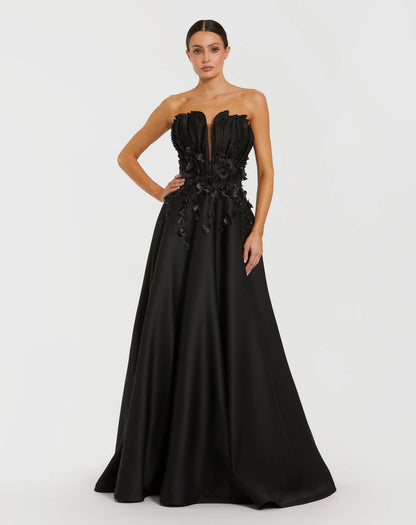 Mac Duggal Black Strapless Satin Floral Embellished Ball Gown