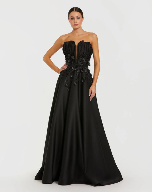 Mac Duggal Black Strapless Satin Floral Embellished Ball Gown