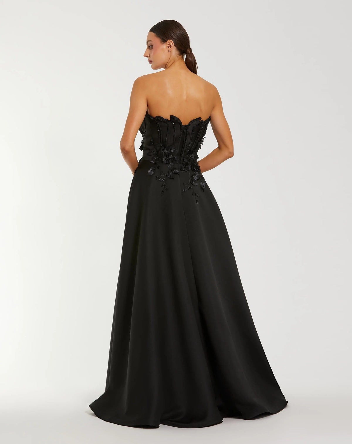 Mac Duggal Black Strapless Satin Floral Embellished Ball Gown