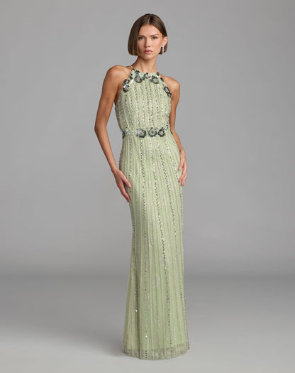Mac Duggal Green 3D Floral Embellished Sleeveless Column Gown