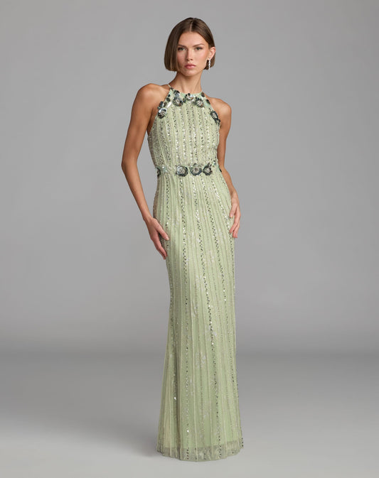 Mac Duggal Green 3D Floral Embellished Sleeveless Column Gown