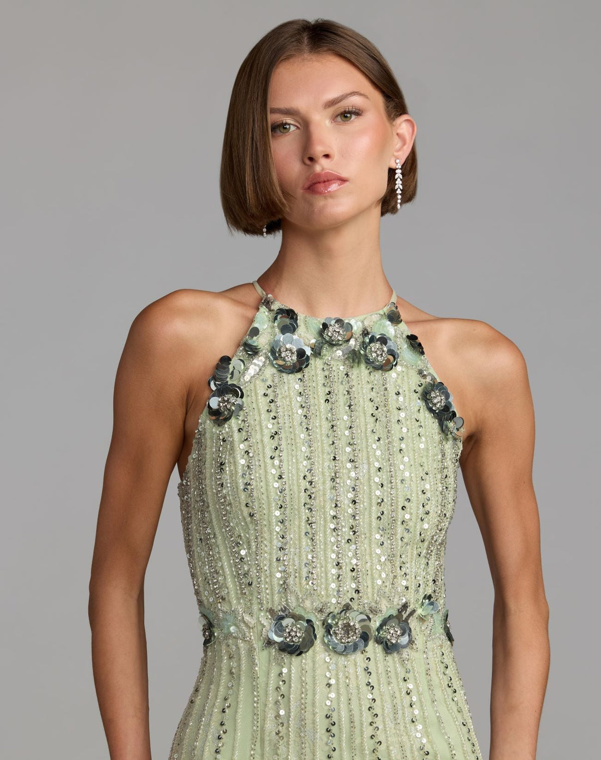 Mac Duggal Green 3D Floral Embellished Sleeveless Column Gown